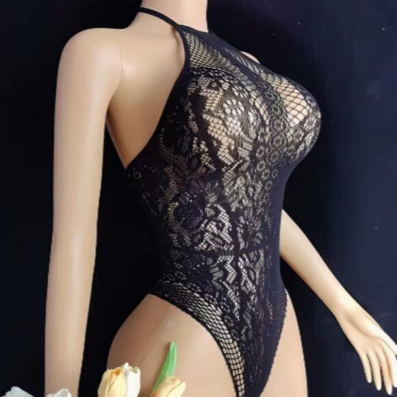 Black Lace Fishnet Teddy Bodysuit - Picture 5 of 6